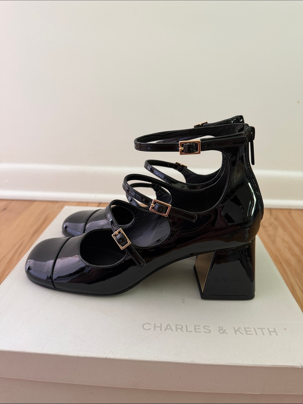 Charles & Keith Black Patent Triple-Strap Block Heel Mary Janes